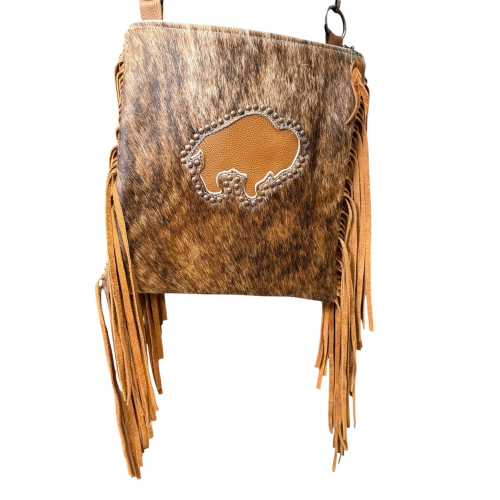 Harley Rhodes Dancing Cactus Designs Cowhide Buffalo Fringe Crossbody Bag Brown